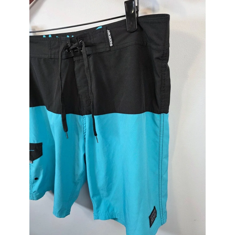 Maui and Sons Mens Board Shorts Black Turquoise Color Block Swim Trunks Size 38